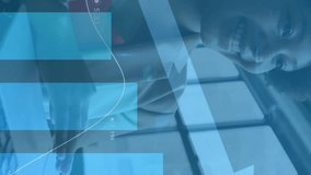 Businesswoman smiling at laptop with financial growth chart animation over office background. technology, finance, investment, success, analysis, data - Powered by Shutterstock - Get 15% off with code: PIKWIZARD15