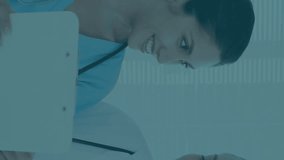 Medical data processing animation over two doctors discussing patient information. Healthcare, technology, discussion, teamwork, digital, analysis - Powered by Shutterstock - Get 15% off with code: PIKWIZARD15