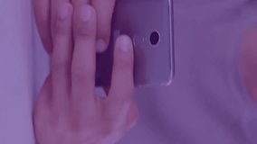 Holding smartphone, person with coffee cup over digital data processing animation. Technology, business, analytics - Powered by Shutterstock - Get 15% off with code: PIKWIZARD15