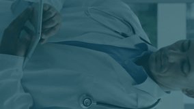 Using tablet with data encryption animation overlay, doctor working in office. Technology, cybersecurity, medical, healthcare, digital, innovation - Powered by Shutterstock - Get 15% off with code: PIKWIZARD15