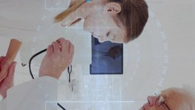 Doctor examining patient with stethoscope, animation overlay in medical setting. Healthcare, examination, diagnosis, checkup, medicine, physician - Powered by Shutterstock - Get 15% off with code: PIKWIZARD15