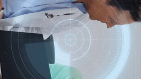 Doctor discussing with older man, futuristic data processing animation overlay. Healthcare, technology, consultation, innovation, elderly, data analysis - Powered by Shutterstock - Get 15% off with code: PIKWIZARD15