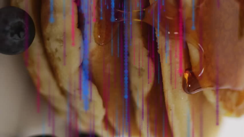 Pancakes topped with syrup and blueberries, glitch effect animation background. Breakfast, dessert, brunch, food, meal, fruit