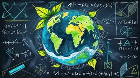 Starting hand-painted globe rotating on chalkboard with equations, showing continent positions. Geography, education, learning, innovation, creativity, knowledge, AI-generated - Powered by Shutterstock - Get 15% off with code: PIKWIZARD15