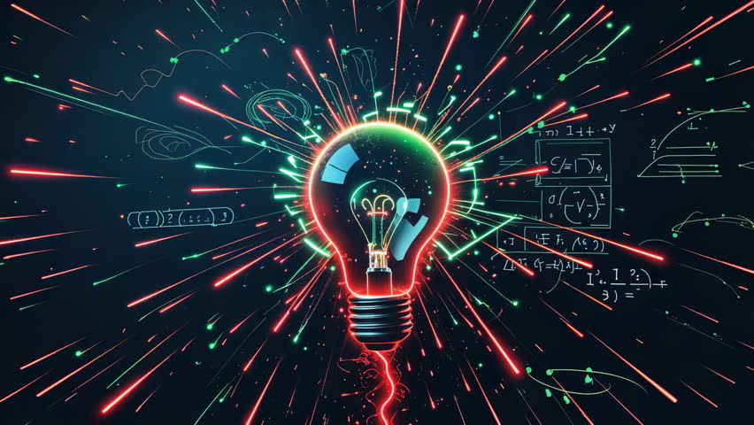 Flickering neon bulb pulsing on chalkboard, emitting beams revealing formulas, showing idea fusion. Innovation, creativity, technology, futurism, illumination, experiment, AI-generated