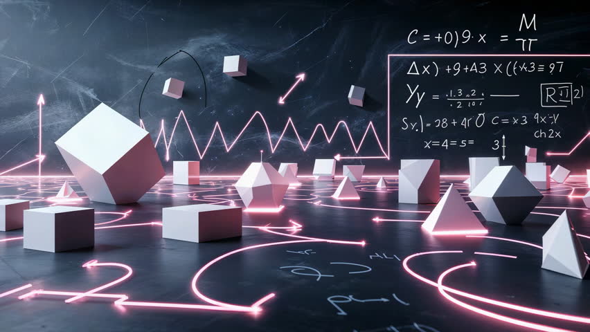 Opening lab scene showing cubes and pyramids tilting on neon grid floor, highlighting math formula. Futuristic, geometric, abstract, digital, technological, mathematical, AI-generated - Powered by Shutterstock - Get 15% off with code: PIKWIZARD15