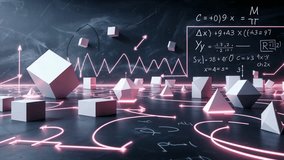 Opening lab scene showing cubes and pyramids tilting on neon grid floor, highlighting math formula. Futuristic, geometric, abstract, digital, technological, mathematical, AI-generated - Powered by Shutterstock - Get 15% off with code: PIKWIZARD15