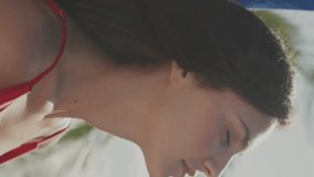 Like icons with increasing numbers against portrait of woman with surfboard smiling at the beach. social media networking and vacation concept - Powered by Shutterstock - Get 15% off with code: PIKWIZARD15