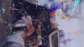 Neon qr code against african american man making digital payment from his smartphone at a cafe. digital payment and technology concept - Powered by Shutterstock - Get 15% off with code: PIKWIZARD15