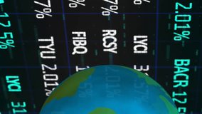 Digital animation of globe spinning over stock market data processing against grid lines on black background. Global economy stock market concept - Powered by Shutterstock - Get 15% off with code: PIKWIZARD15