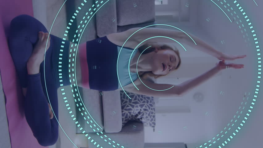Animation of data processing over caucasian woman exercising, recording fitness vlog. Global online vlogging, fitness, digital interface and connections concept digitally generated video.