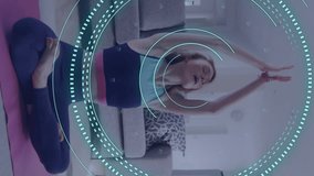 Animation of data processing over caucasian woman exercising, recording fitness vlog. Global online vlogging, fitness, digital interface and connections concept digitally generated video. - Powered by Shutterstock - Get 15% off with code: PIKWIZARD15