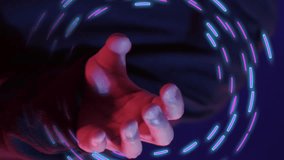 Animation of glowing light trails of data transfer over asian man using vr headset. Global virtual reality, computing, digital interface and data processing concept digitally generated video. - Powered by Shutterstock - Get 15% off with code: PIKWIZARD15