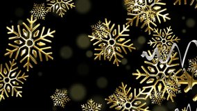 Animation of gold and silver balloons with snowflakes on black background. New year, new year's eve, party, celebration and tradition concept digitally generated video. - Powered by Shutterstock - Get 15% off with code: PIKWIZARD15