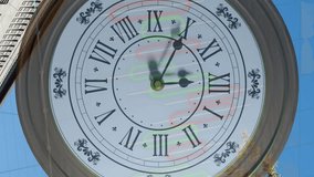 Animation of diagrams and data processing with clock over cityscape. Global business, time and digital interface concept, digitally generated video. - Powered by Shutterstock - Get 15% off with code: PIKWIZARD15