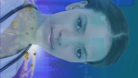 Animation of portrait of female doctor over emojis and digital interface 3d blue glowing architectural model of cityscape. Global technology network concept digitally generated image. - Powered by Shutterstock - Get 15% off with code: PIKWIZARD15