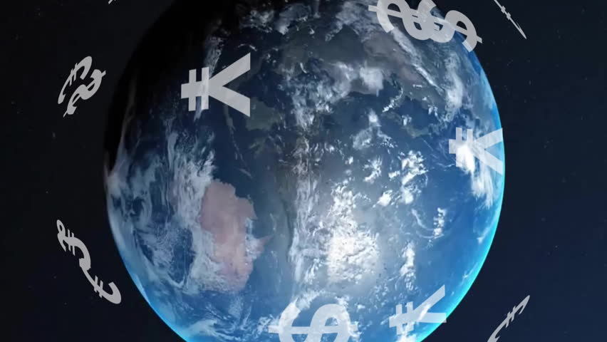 Animation of globe with currency symbols over spots on black background. Finances, connections and digital interface concept digitally generated video.