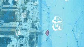 Animation of floating numbers with net of connections and net icons over a cityscape. digital interface global connections concept digitally generated video. - Powered by Shutterstock - Get 15% off with code: PIKWIZARD15