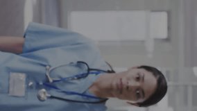 Animation of digital interface showing statistics with female doctor looking at camera and smiling. Healthcare and protection during coronavirus covid 19 pandemic, digitally generated video - Powered by Shutterstock - Get 15% off with code: PIKWIZARD15