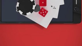Animation of casino chips, dice and playing cards over smartphone. Global gambling, betting and technology concept digitally generated video. - Powered by Shutterstock - Get 15% off with code: PIKWIZARD15