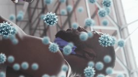Animation of covid-19 cells floating over african american man wearing face mask working out. Global covid 19pandemic concept digitally generated video. - Powered by Shutterstock - Get 15% off with code: PIKWIZARD15