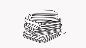 Animated self drawing of continuous line draw stack of big books, volumes. Book, library, education, school, study, literature, paper, textbook, knowledge, read.Full length one line animation. 4K	 - Powered by Shutterstock - Get 15% off with code: PIKWIZARD15