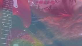 Animation of coloured light waves over caucasian female guitarist playing red electric guitar. Live music, creativity, performance and entertainment concept digitally generated video. - Powered by Shutterstock - Get 15% off with code: PIKWIZARD15