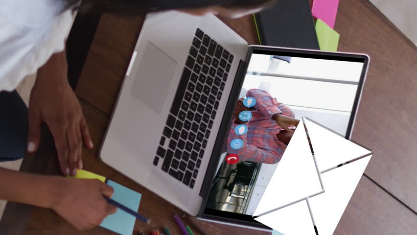 Animation of email icons over caucasian woman on laptop video call. Global social media, business, technology, data processing and digital interface concept digitally generated video. - Powered by Shutterstock - Get 15% off with code: PIKWIZARD15