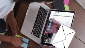 Animation of email icons over caucasian woman on laptop video call. Global social media, business, technology, data processing and digital interface concept digitally generated video. - Powered by Shutterstock - Get 15% off with code: PIKWIZARD15