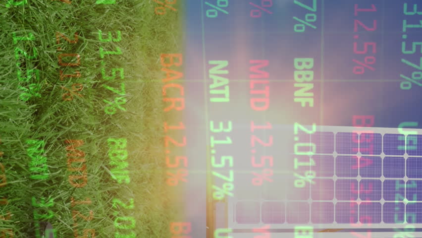 Animation of financial data processing over solar panels in green field. Global sustainability, business, green and solar energy concept digitally generated video. - Powered by Shutterstock - Get 15% off with code: PIKWIZARD15