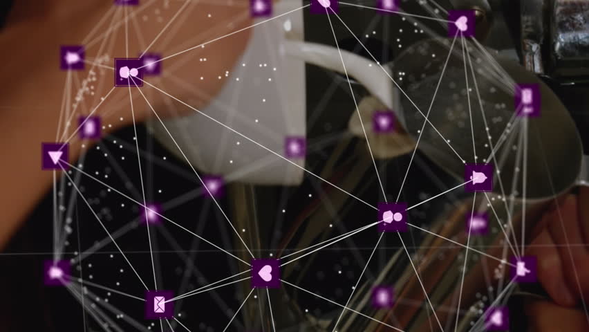 Animation of icons connected and forming globe, cropped hands of barista pouring milk in coffee. Digital composite, multiple exposure, globalization, coffee shop, drink, beverage and technology. - Powered by Shutterstock - Get 15% off with code: PIKWIZARD15