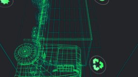 Animation of eco icons and data processing over 3d car technical drawing. Global eco car transport, engineering, business, finances, computing and data processing concept digitally generated video. - Powered by Shutterstock - Get 15% off with code: PIKWIZARD15