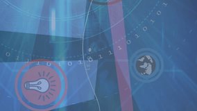 Animation of floating icons in circles over graphs, arrow, binary codes against abstract background. Digitally generated, hologram, globalization, ideas, report, business, coding and technology. - Powered by Shutterstock - Get 15% off with code: PIKWIZARD15