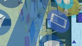 Animation of multiple icons over diverse female giving presentation to coworkers in office. Digital composite, multiple exposure, globalization, security, explaining, teamwork and technology. - Powered by Shutterstock - Get 15% off with code: PIKWIZARD15