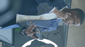 Animation of spinning globe and world map over african american businessman using digital tablet. Global networking and business technology concept - Powered by Shutterstock - Get 15% off with code: PIKWIZARD15