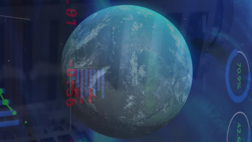 Animation of statistical and stock market data processing over spinning globe against tall buildings. Global economy and business data technology concept - Powered by Shutterstock - Get 15% off with code: PIKWIZARD15