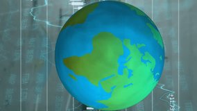 Spinning globe icon over stock market and financial data processing against empty office. global economy and business concept - Powered by Shutterstock - Get 15% off with code: PIKWIZARD15