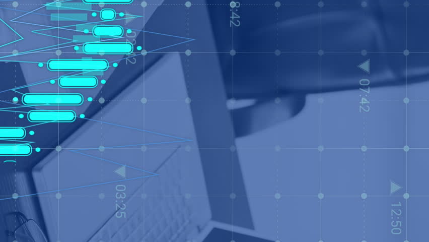 Animation of financial data processing over computer on desk in empty office. Global finance, business, connections, computing and data processing concept digitally generated video. - Powered by Shutterstock - Get 15% off with code: PIKWIZARD15