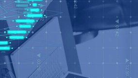 Animation of financial data processing over computer on desk in empty office. Global finance, business, connections, computing and data processing concept digitally generated video. - Powered by Shutterstock - Get 15% off with code: PIKWIZARD15