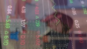 Animation of financial data processing over caucasian businesswoman using tablet at office. Global business, finances, communication and digital interface concept digitally generated video. - Powered by Shutterstock - Get 15% off with code: PIKWIZARD15