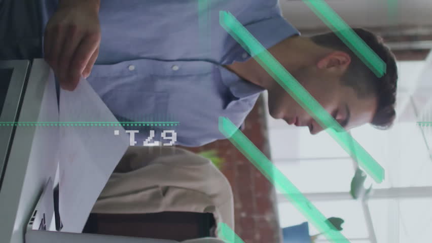 Animation of data processing and scope scanning over diverse colleagues discussing work in office. Business, technology and digital interface concept digitally generated video. - Powered by Shutterstock - Get 15% off with code: PIKWIZARD15