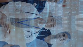 Animation of data processing and dna strands over diverse doctors working in hospital. Global medicine, healthcare, computing and digital interface concept digitally generated video. - Powered by Shutterstock - Get 15% off with code: PIKWIZARD15
