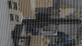 Animation of diagrams and data processing over machines working in warehouse. Technology, delivery and digital interface concept digitally generated video. - Powered by Shutterstock - Get 15% off with code: PIKWIZARD15