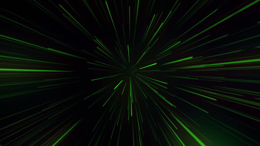 Abstract loop neon green light rays moving from center on black background. Moving speed radial zoom lines animation