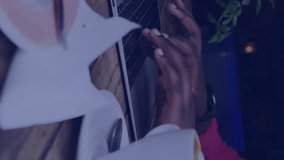 Typing on laptop with coffee and croissant, data analytics animation over scene. Technology, workspace, digital, productivity, breakfast, business - Powered by Shutterstock - Get 15% off with code: PIKWIZARD15