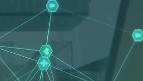 Animation of connected icons forming globe over glass windows against modern buildings in background. Digital composite, multiple exposure, communication, globalization, office, technology concept. - Powered by Shutterstock - Get 15% off with code: PIKWIZARD15