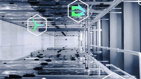 Animation of multiple icons over connected dots on data server systems in server room. Digital composite, communication, hazardous, recycle, data center, networking, technology and network server. - Powered by Shutterstock - Get 15% off with code: PIKWIZARD15
