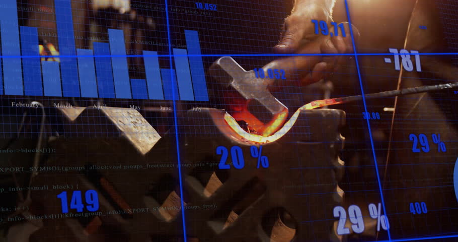 Data fading in, hammer entering frame striking metal, updating charts reflecting forging metrics. Metalwork, industrial, technology, manufacturing, engineering, data visualization, craftsmanship