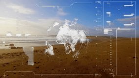 Digital grid markers appearing on beach starting 3D globe emerging, rotating and visualizing data. Futuristic, technological, data visualization, innovation, landscape, discovery, digital interface - Powered by Shutterstock - Get 15% off with code: PIKWIZARD15