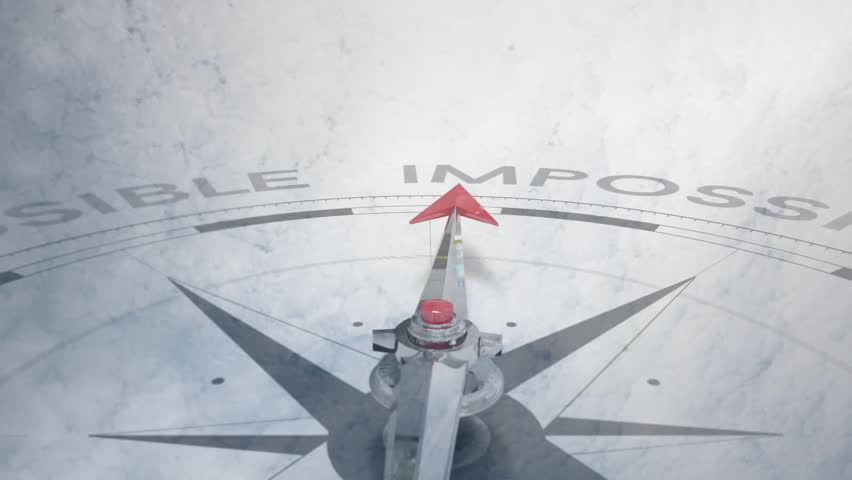 Hidden mechanism initiating needle rotating on dial, transforming IMPOSSIBLE into red POSSIBLE. Inspiration, motivation, transformation, innovation, progress, symbolism, navigation